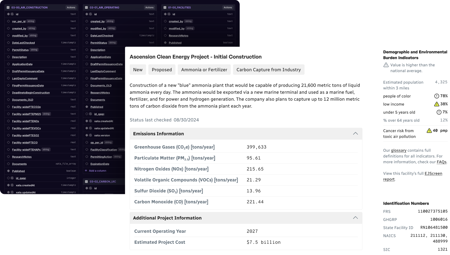 Xata's spreadsheet-like database schema view for Oil and Gas Watch, showing facility and permit tables alongside a live facility detail page.